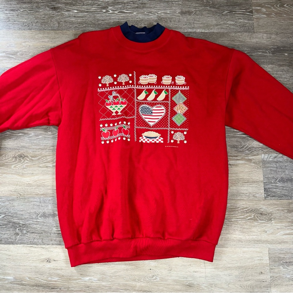90’s GrandmaCore Red Apple Pie USA Long Sleeve Sweatshirt Size Extra Large